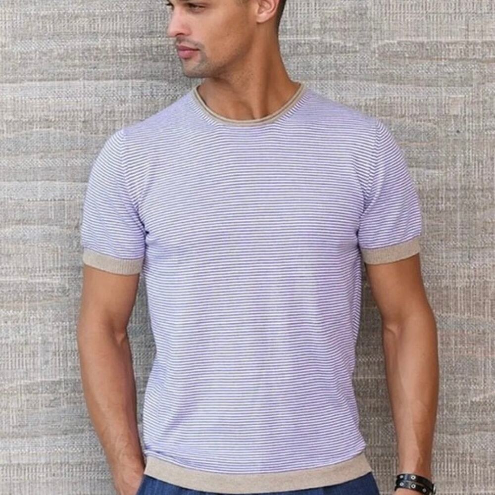 NWT Jerry Kaye Collection 100% cotton short sleeve sweater small purple striped
